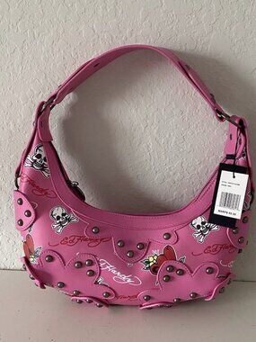 Ed Hardy Pink Hobo‎ Shoulder Bag Studded Heart Rose Skull Cross Charms NEW